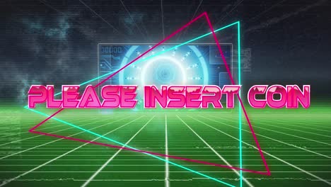 animation of please insert coin in digital abstract space with screen