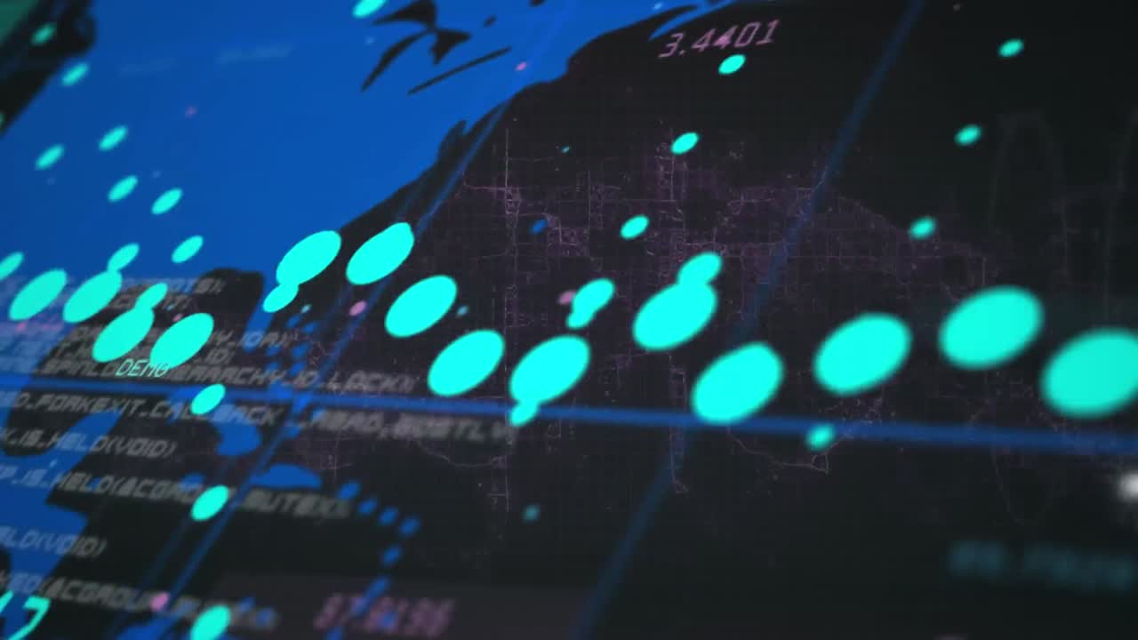 Animation of world map with data processing over dna strand on black background
