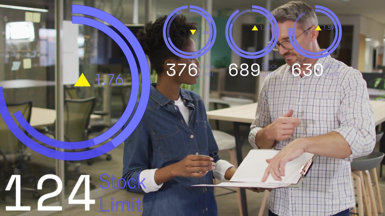 Woman holding pen, man pointing, starting clipboard review in office, HUD gauges showing stock drop