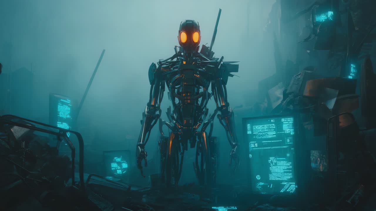 Skeletal Robot Amidst Glowing Screens in a Ruined Future