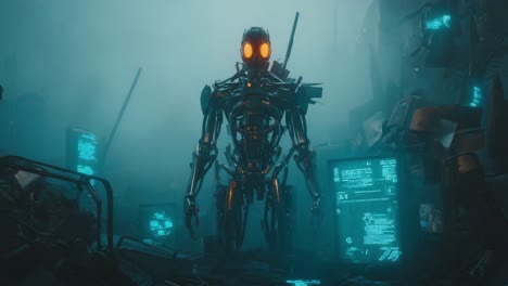 skeletal robot amidst glowing screens in a ruined future