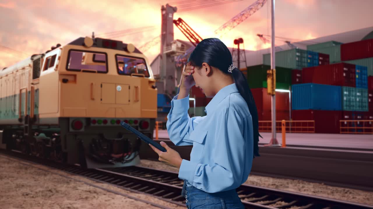Side View Of Asian Female With Her Tablet With Freight Cargo Train At Port, Checking With Dissapionted And Nodding Her Shead