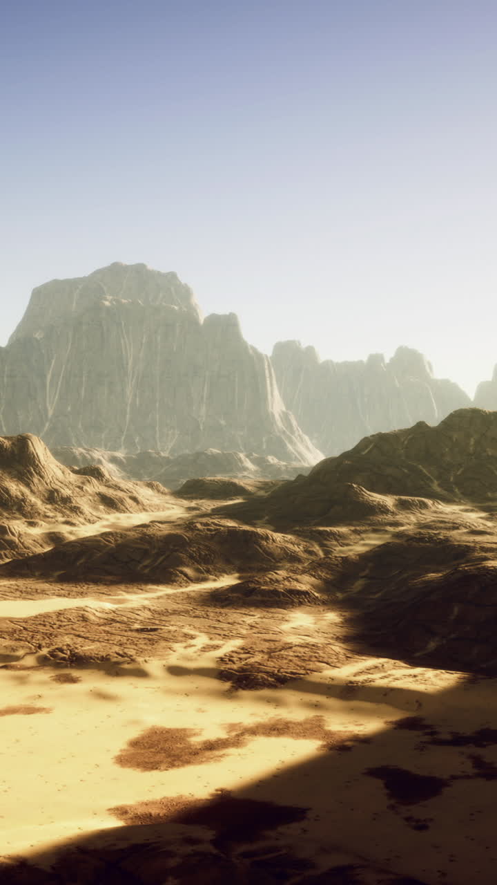 Expansive desert landscape under a vivid sky with towering rock formations