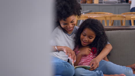 Madre-E-Hija-Sentadas-En-El-Sofá-Del-Salón-Leyendo-Un-Libro-Juntas