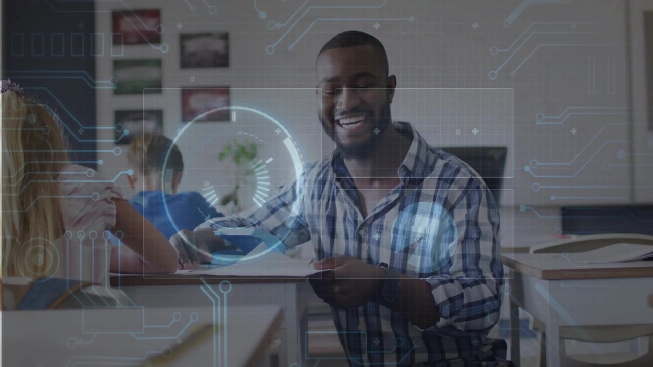 Male teacher kneeling pointing at tablet and teaching pupils while hologram UI hovering over tablet