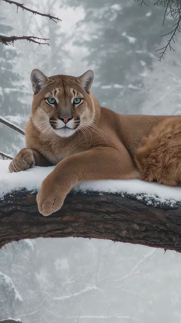 Vídeo vertical: Puma en posición vertical extendiendo la pata y siguiendo a la cámara sobre una rama nevada en un bosque de pinos