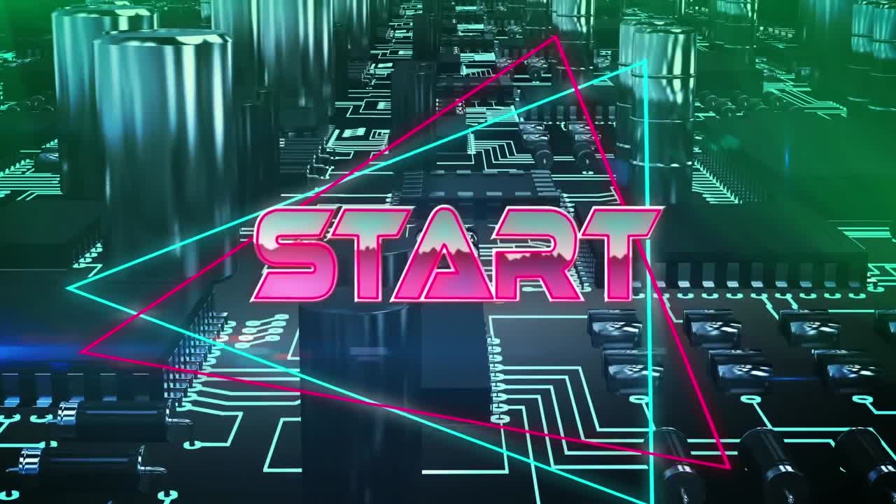 Animation of pink metallic text start, over neon lines, on blue computer motherboard