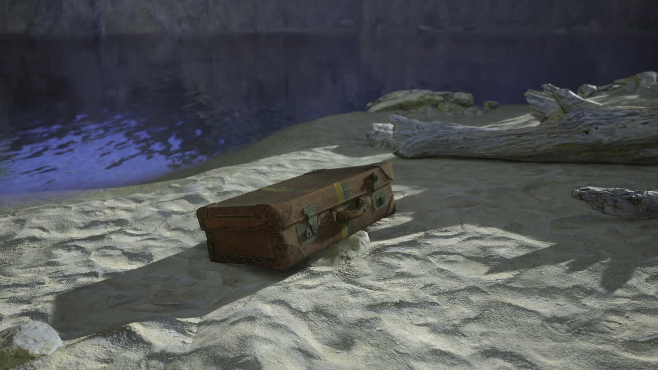 Old wooden suitcase rests on sandy shore near calm water under twilight sky