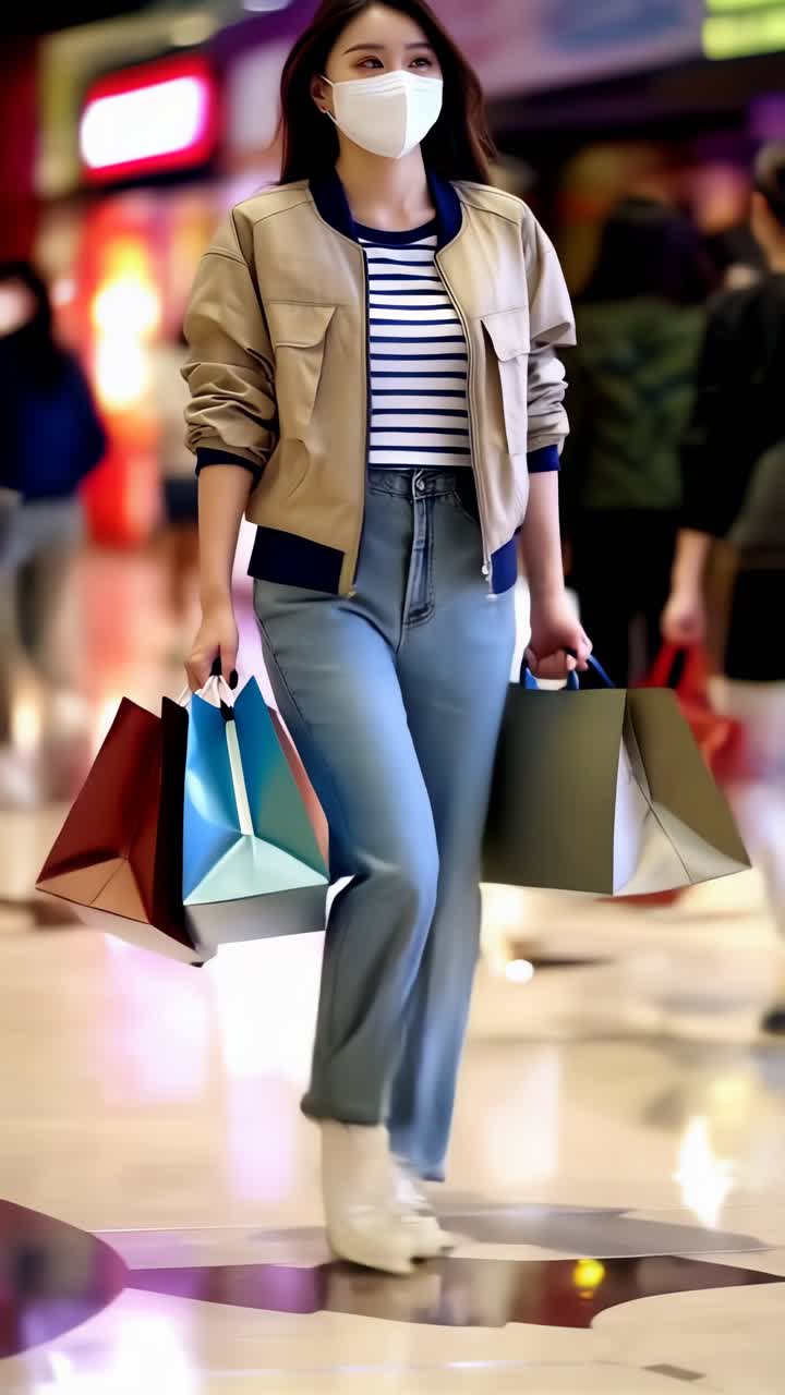 Shopper Carrying Colorful Bags While Wearing Face Mask in Mall