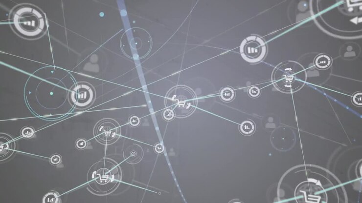 Animazione di una rete di connessioni con icone su sfondo grigio