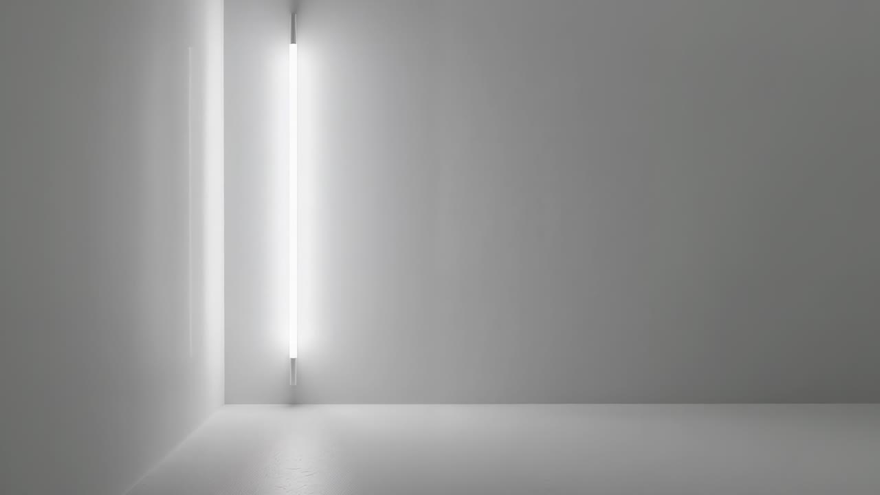 Interruttore di attivazione, lampada a tubo alta che emette una luce fredda su pareti grigie evidenziando l'angolo, spazio per il testo