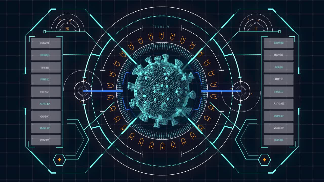 Animation of macro coronavirus Covid-19 cell analyzed on a screen with medical information