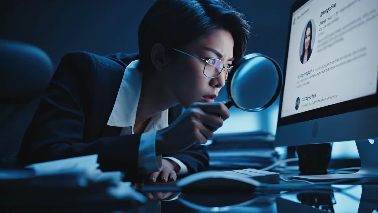 Woman Investigating Information on Computer with Magnifying Glass