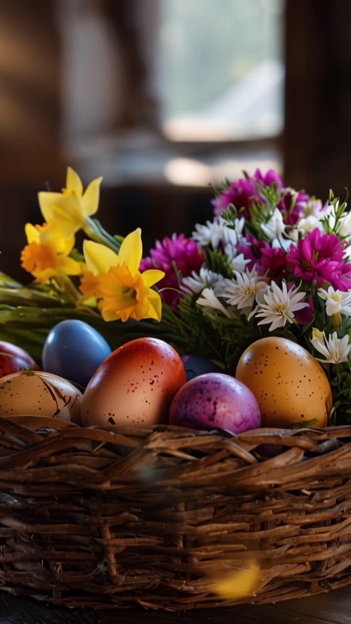 A Colorful Basket of Easter Eggs Surrounded by Vibrant Flowers Captured in Soft Natural Light, Signifying the Joy and Beauty of the Spring Season