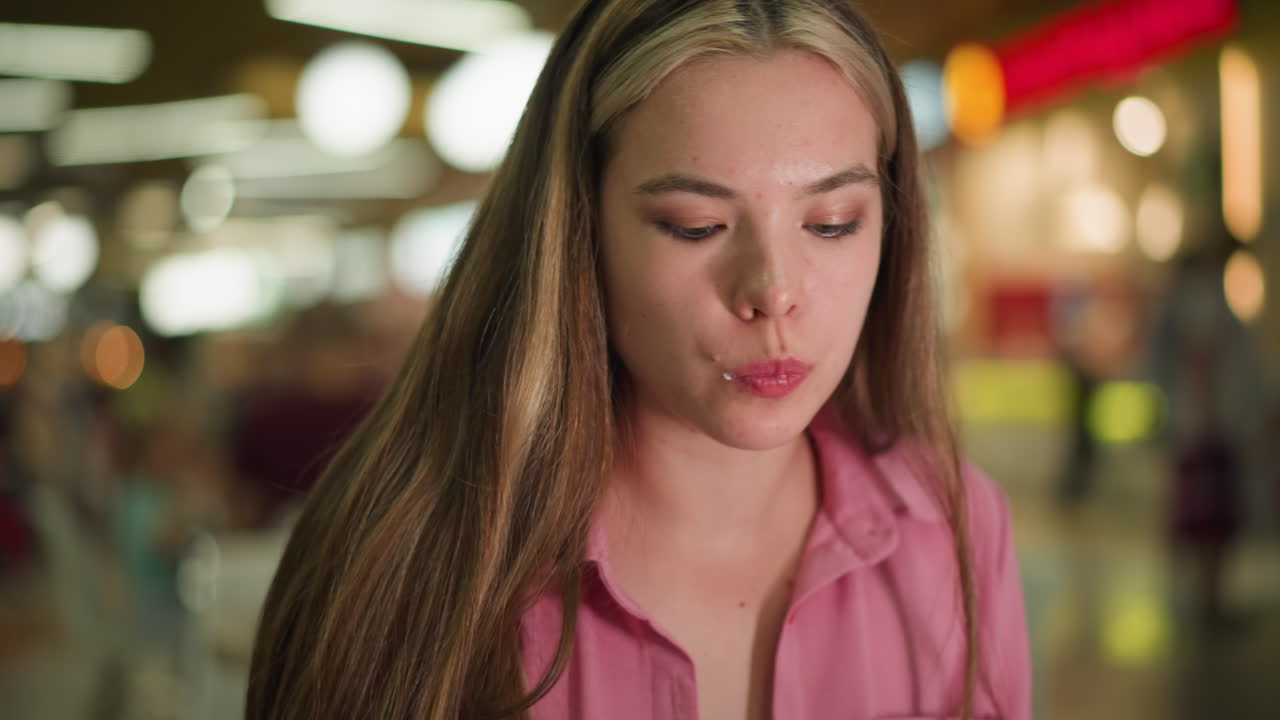 dama de vestido rosa se limpia la boca con una servilleta después de comer mastica lentamente, con una vista borrosa de la gente y luces suaves en el fondo, con objetos poco claros vistos en el fondo