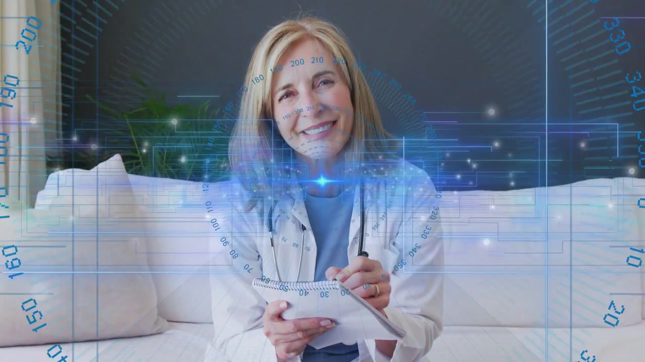 Medico che apre gli occhi, prende una penna, scrive appunti del paziente a casa mentre un HUD blu si solleva sopra un blocco note.