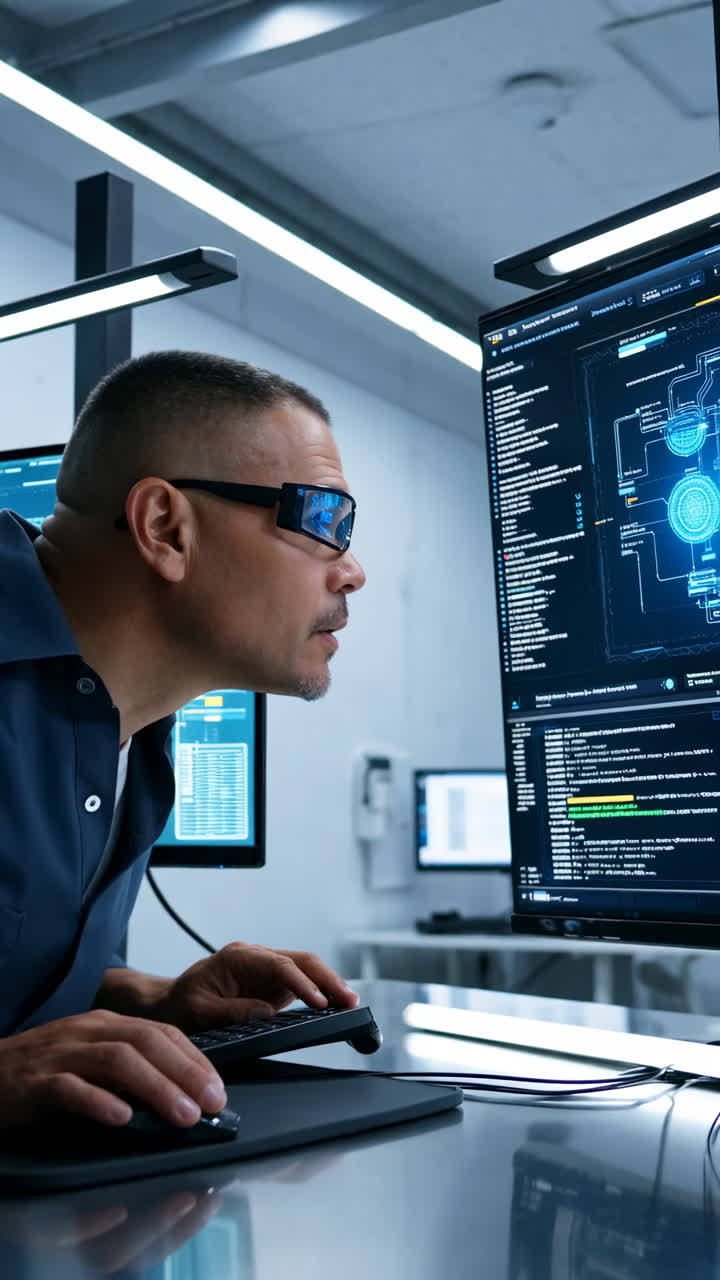 Man Using Futuristic Smart Glasses at Computer