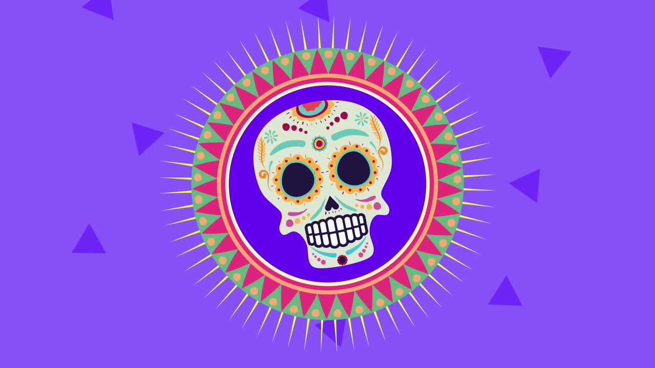 Animace Dia de los Muertos s maskou lebky v kruhovém rámečku