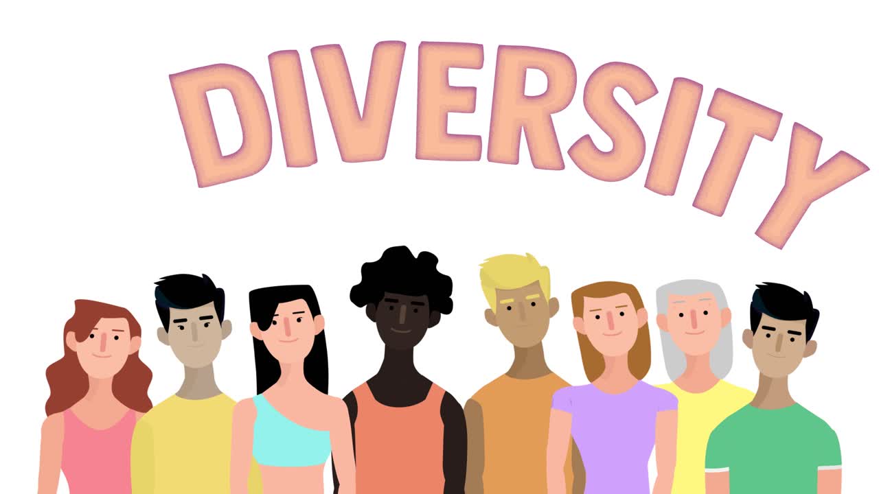 Animated illustration of multiethnic people with the word diversity