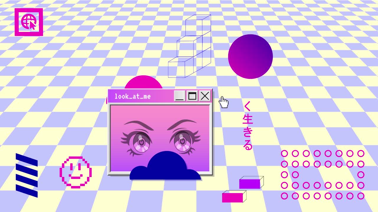 Retro Vaporwave Poster With User Interface Elements and Cartoon Anime Illustrations. Trendy Old Aesthetic Background. 2D Animation.