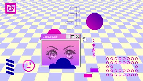 retro vaporwave poster with user interface elements and cartoon anime illustrations. trendy old aesthetic background. 2d animation.