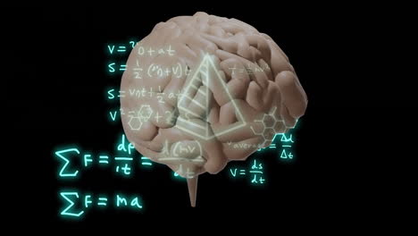 animation of mathematical equations and elements over brain on black background