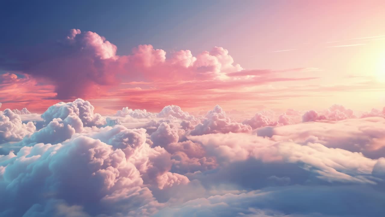 Luftaufnahme von leuchtend rosa Wolken bei Sonnenuntergang, die eine verträumte, ruhige Atmosphäre schaffen.