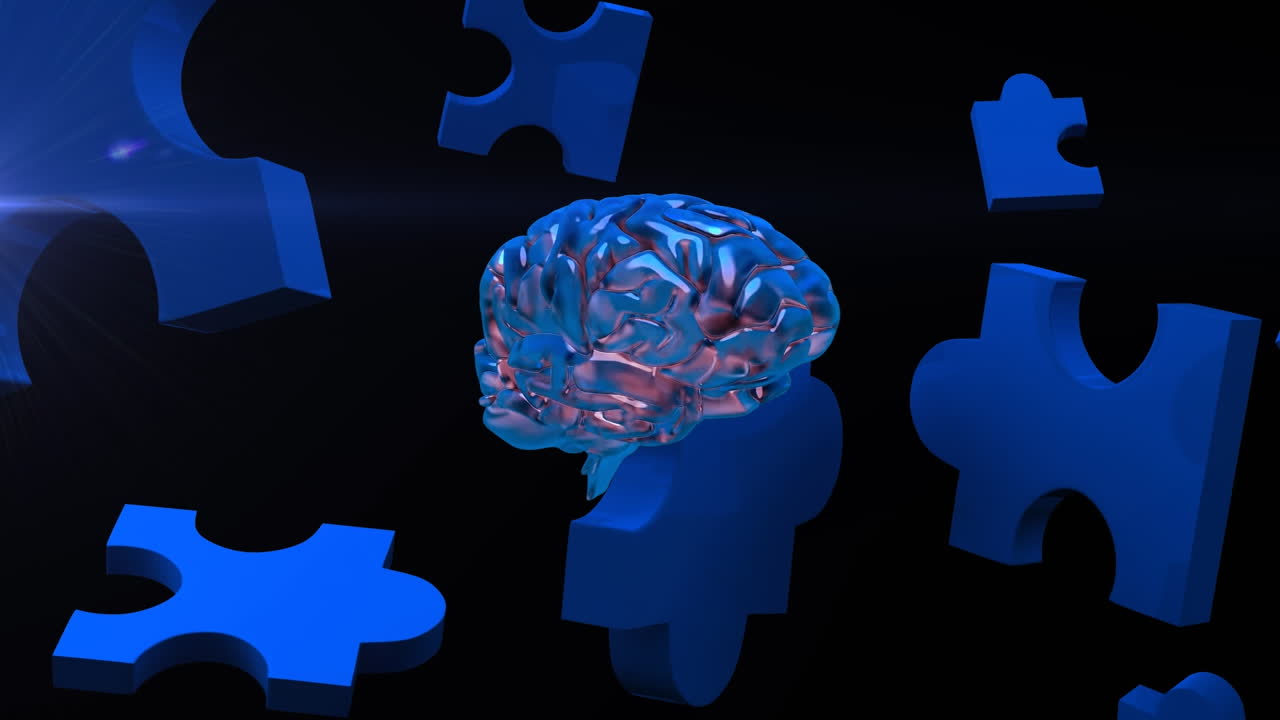 animación de cerebro giratorio sobre fondo negro con rompecabezas azules