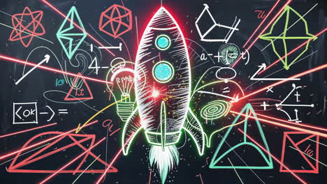 rocket launching amidst mathematical equations and geometric shapes