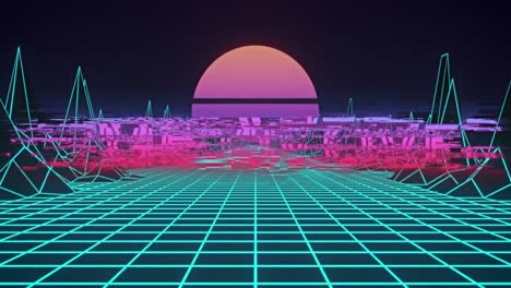 animation of neon flickering game over text over glowing pink sun and blue grid