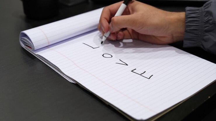 Close-up of a hand writing “LOVE” on lined notebook paper on a dark desk, with a keyboard in the background. Minimal romantic message concept with clean copy space for text
