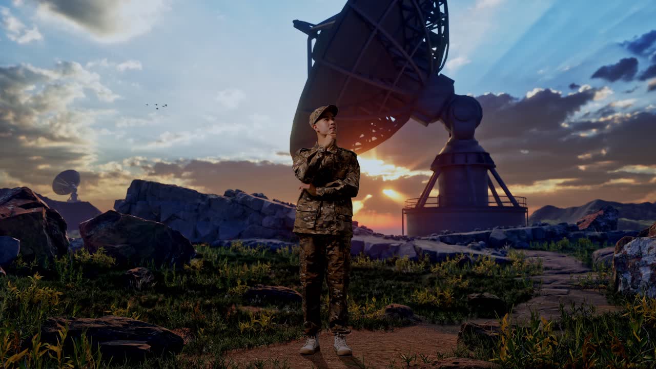 Full Body Of Asian Man Soldier Thinking And Looking Around Then Raising His Index Finger While Standing With Satellite Dish