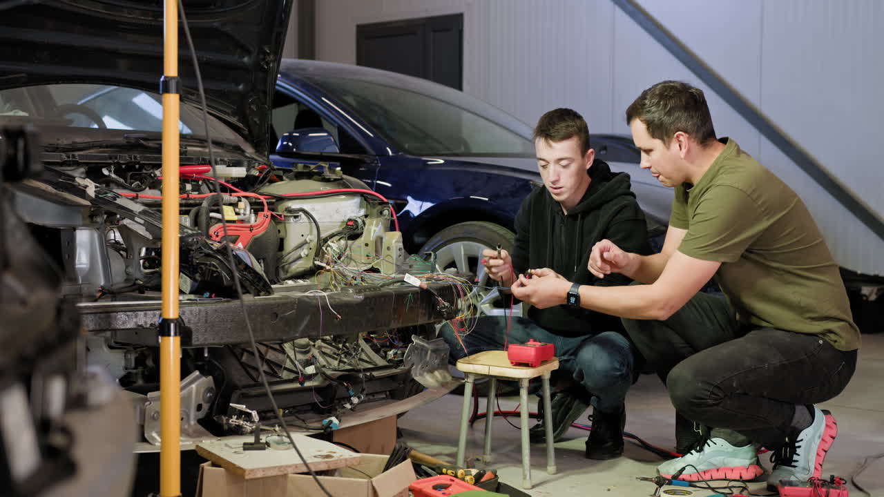 Two people working on a car's electrical system in a garage