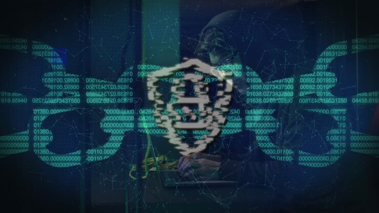 Animation of data processing over asian male hacker in server room