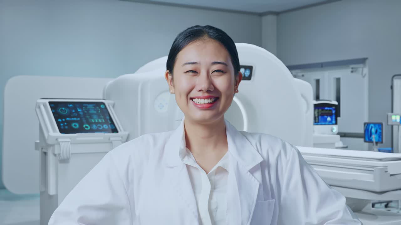 Close Up Of Asian Woman Doctor Putting Hands On Her Hip And Smiling With Mri Machine In The Hospital