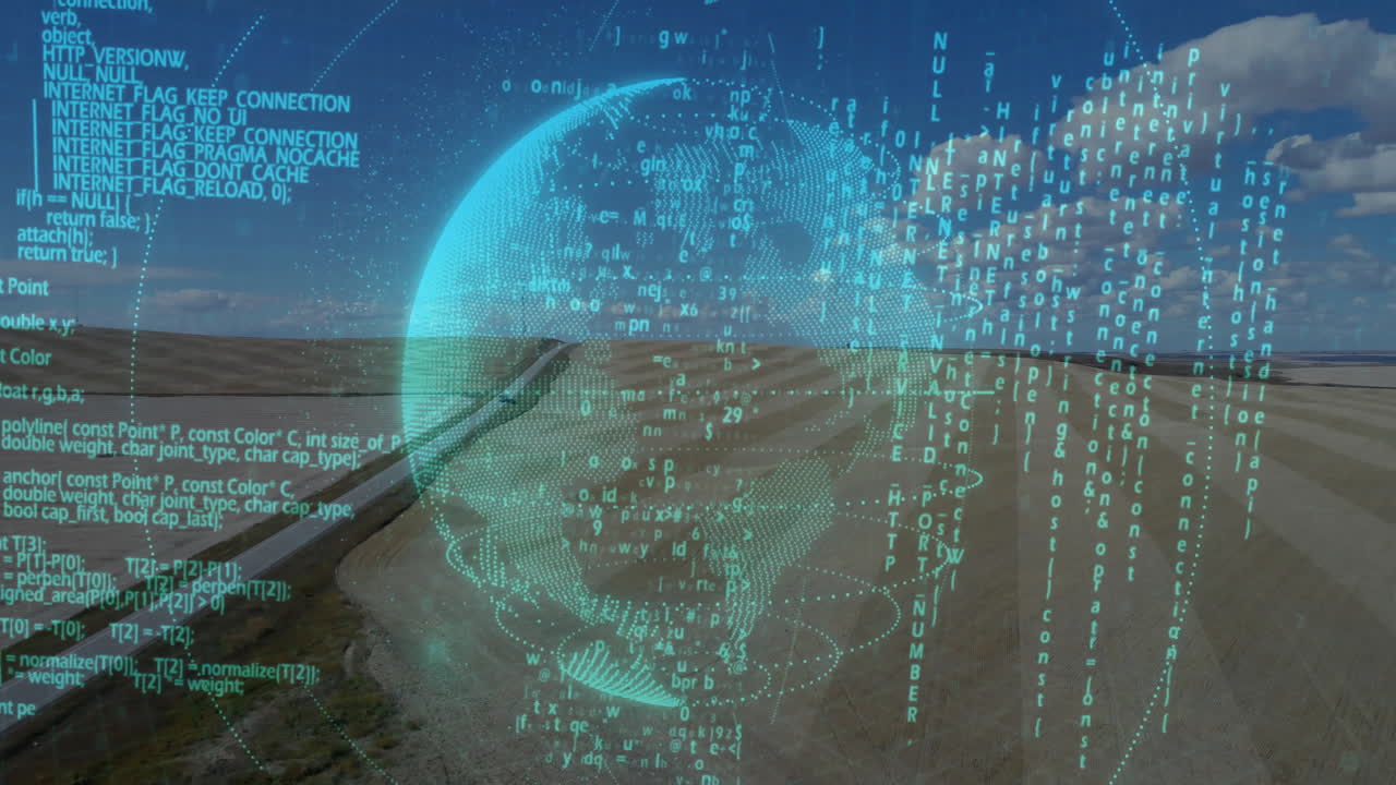 Futuristic holographic globe streaming cyan code floating above lakeside road in 3D