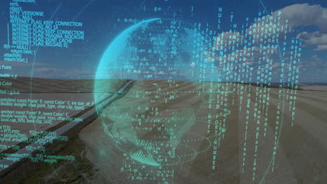 futuristic holographic globe streaming cyan code floating above lakeside road in 3d