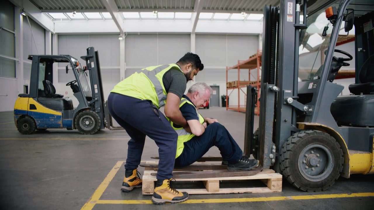 Lavoratore junior che, con l'aiuto delle braccia, abbassa un anziano su un pallet del magazzino tramite un carrello elevatore, aiutandolo a sedersi, entrambi con giubbotti.