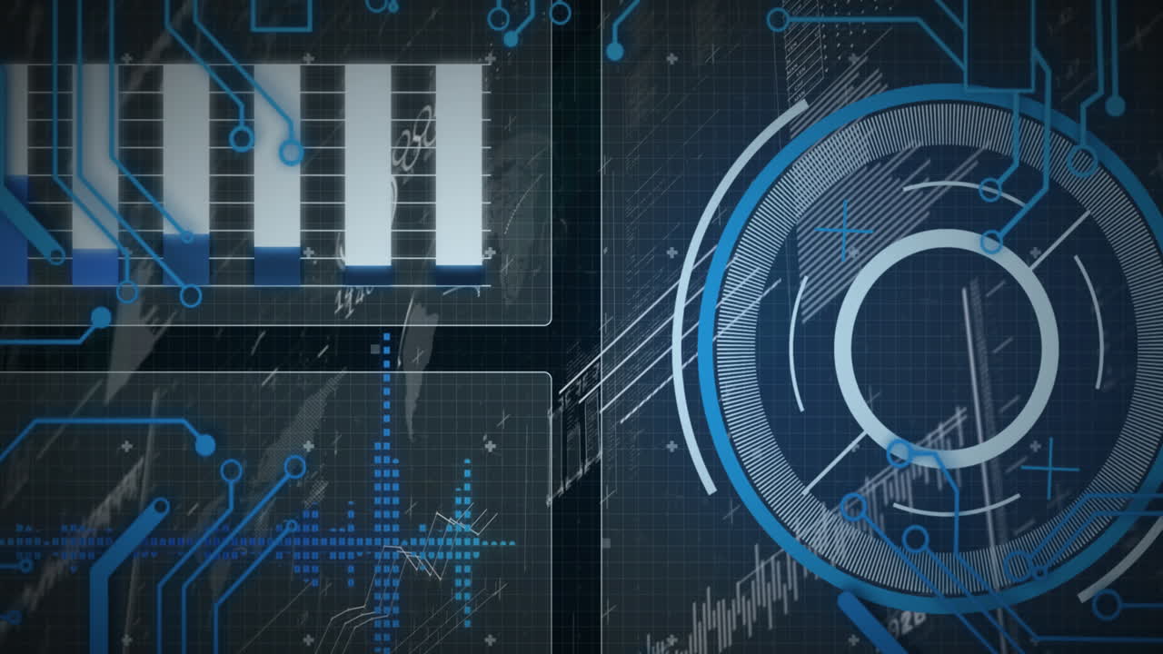 원, 그래프 및 전자 회로 보드 패턴과 함께 hud 화면의 애니메이션