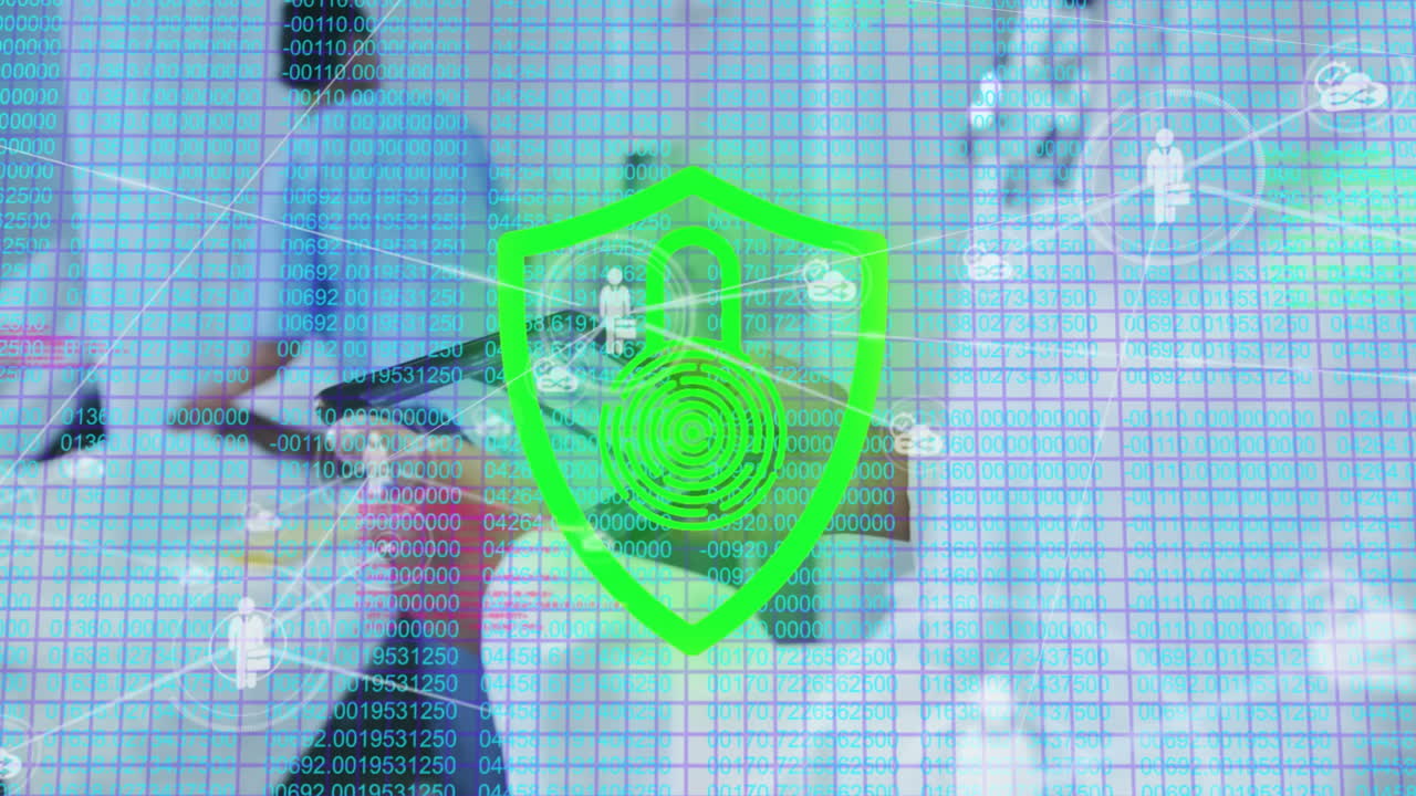 Fingerprint animation over digital security shield with binary code background