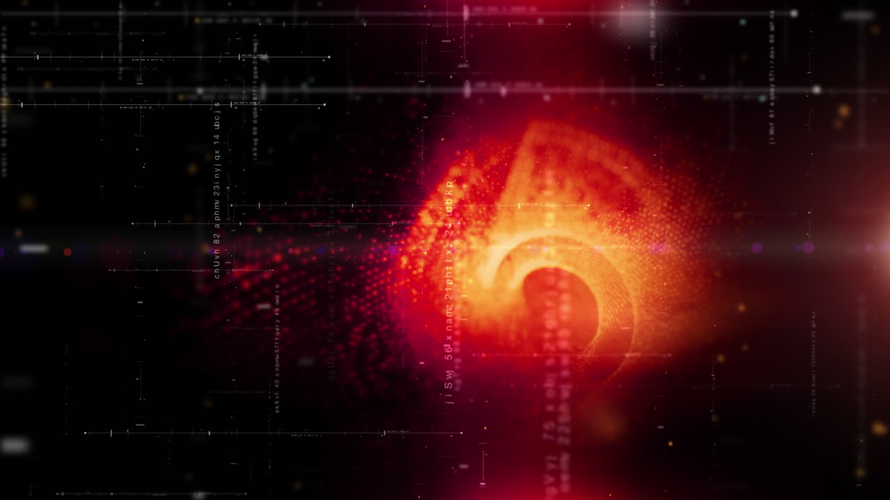 헤드업 디스플레이 루프 배경을 위해 사이버 공간 환경에서 입자 시뮬레이션을 사용하여 미래형 추상 디포커스 흐르는 데이터 매트릭스, 메타, 메타버스, 원격 측정 및 암호화 숫자 디스플레이