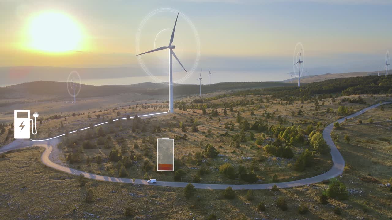 Auto elettrica in viaggio verso una stazione di ricarica alimentata da turbina eolica - rendering VFX