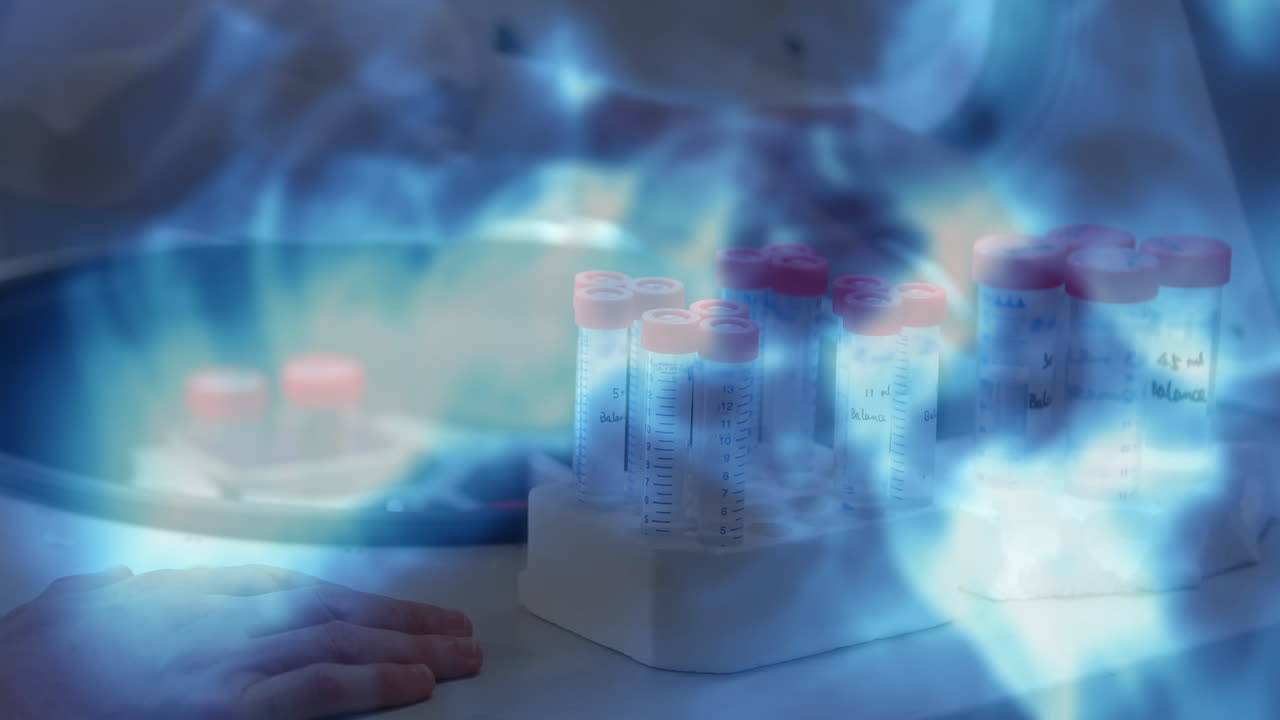 animación de onda digital azul brillante contra la sección media del científico que trabaja en el laboratorio