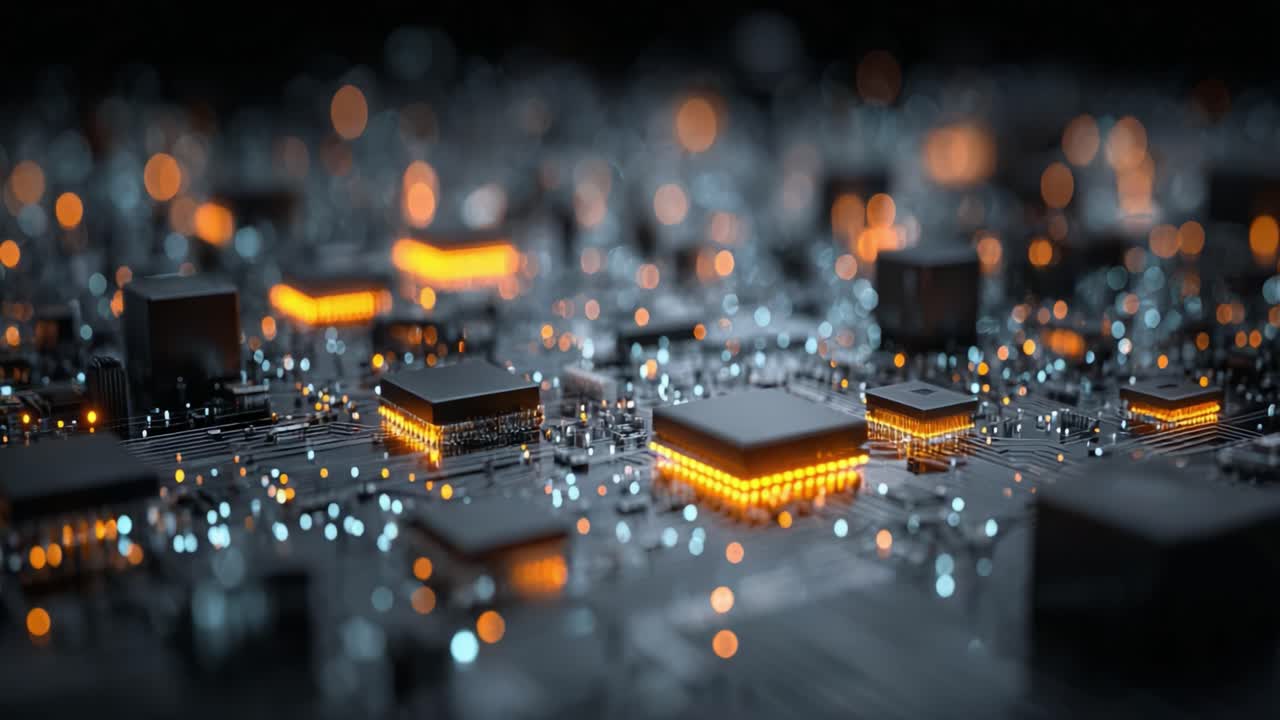 Intricate Electronic Circuit Board with Glowing Components and a Complex Array of Microchips for Advanced Technology Visualization