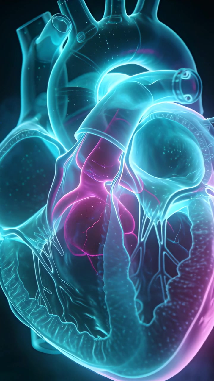 Video verticale: Cuore 3D pulsante che ruota con panoramica della telecamera, rivelando il flusso dell'aorta ascendente per studio.