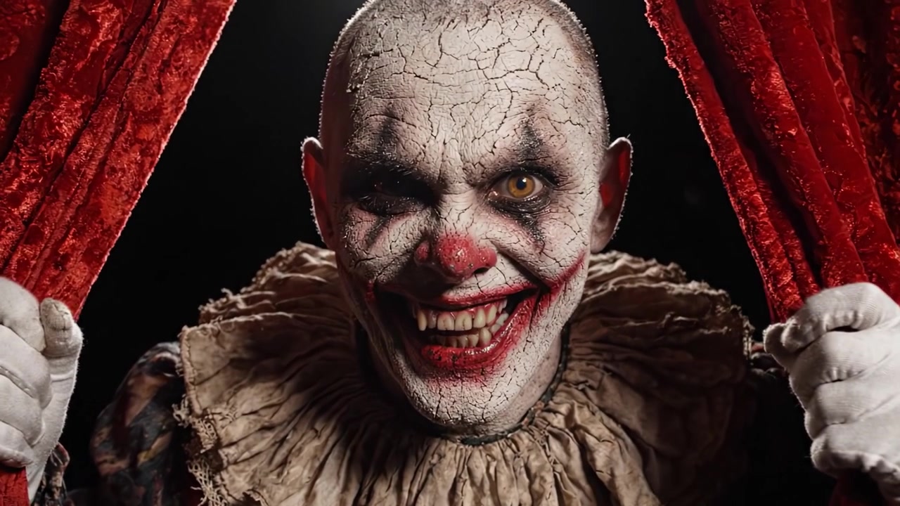 Un clown sinistro emerge da dietro tende di velluto, svelando una performance inquietante che sfuma il confine tra intrattenimento e terrore in una narrazione visiva avvincente.