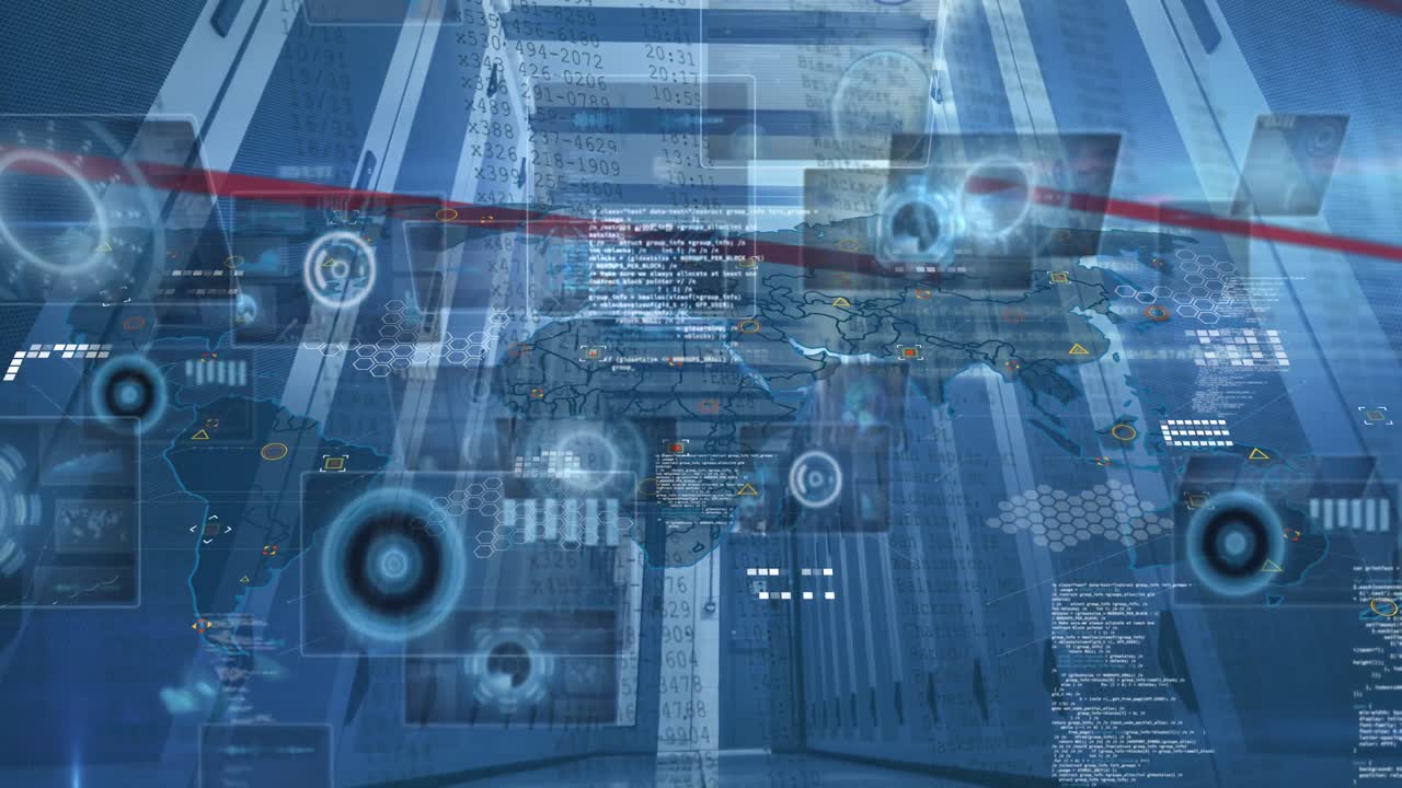 animación de escaneado de ámbitos y procesamiento de datos a través de servidores informáticos de mapas del mundo