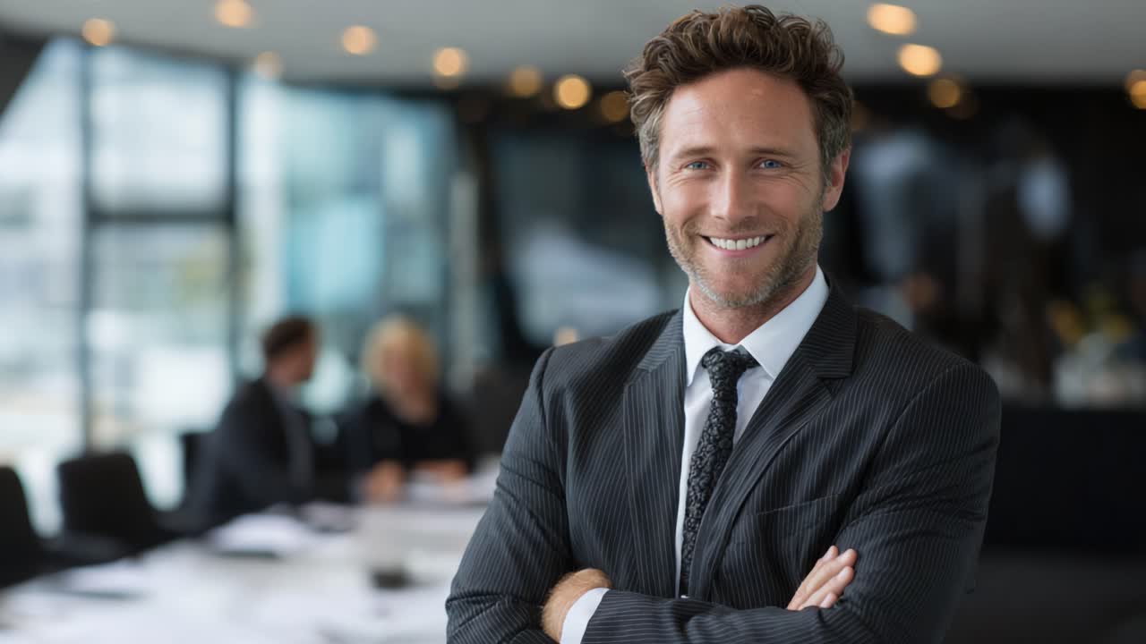 Confident Professional Smiling in a Modern Office Environment, Exuding Charisma and Leadership Qualities Amidst a Business Setting