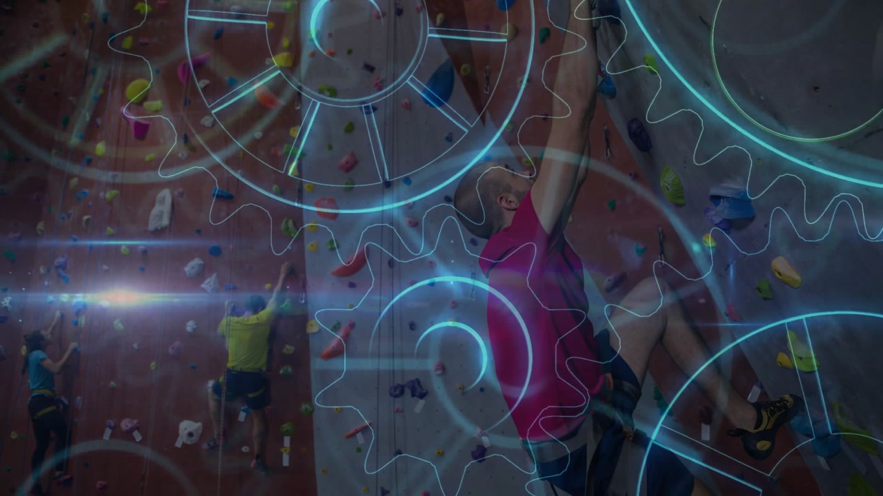 Pulsing translucent gear graphics revealing gym wall while climber reaching hold for fitness