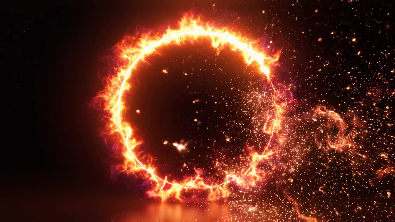 Abstract fiery ring with glowing sparks on black background